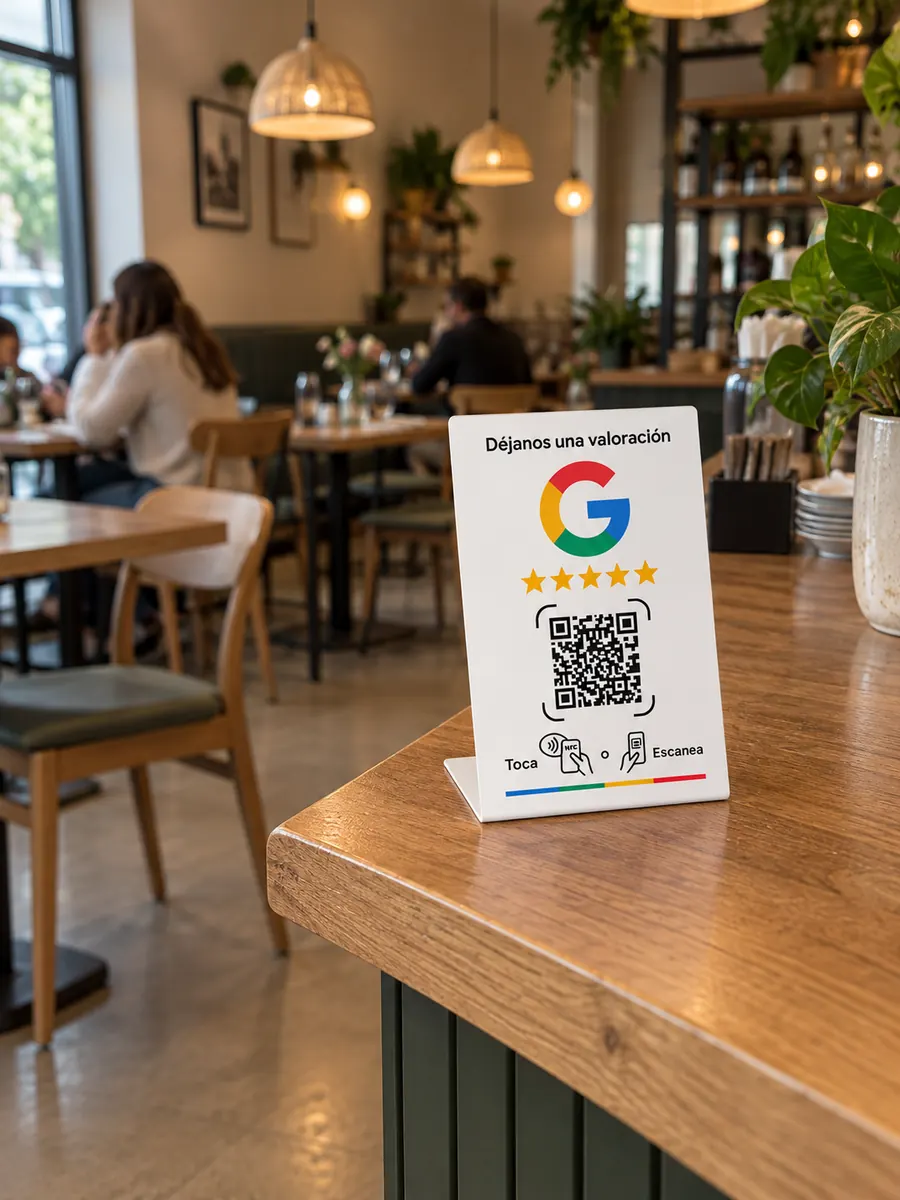 Soporte NFC blanco para reseñas de Google sobre la barra de madera de una cafetería, con código QR y los iconos «Toca» o «Escanea»