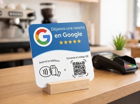 Placa NFC cuadrada «Déjanos una reseña en Google» de pie en el soporte de madera, sobre un mostrador junto al datáfono