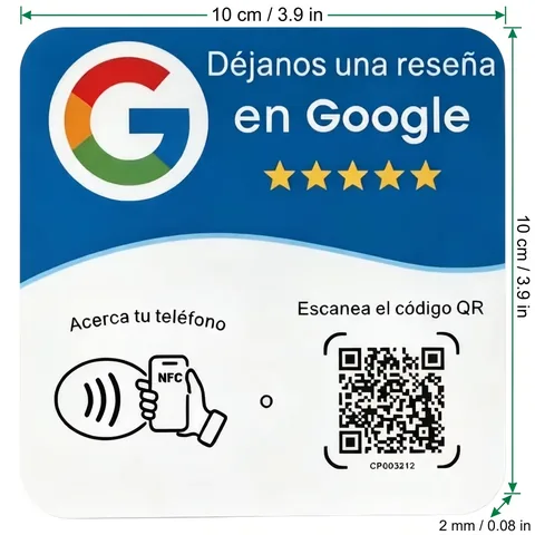 Medidas de la placa adhesiva NFC de reseñas de Google: 10 × 10 cm y 2 mm de grosor