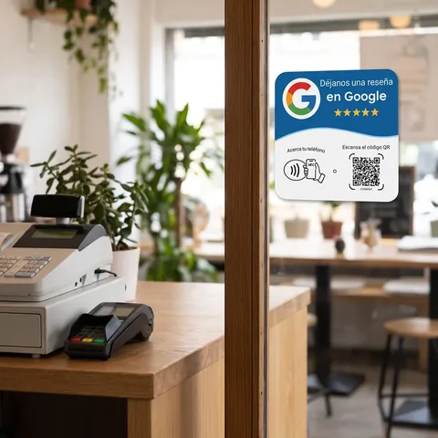 Placa adhesiva NFC «Déjanos una reseña en Google» pegada en la puerta de cristal de una cafetería, junto a la caja registradora y el datáfono
