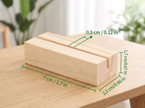 Soporte de madera vacío con sus medidas: 7 cm de largo, 2,2 cm de ancho, 1,7 cm de alto y ranura de 0,3 cm
