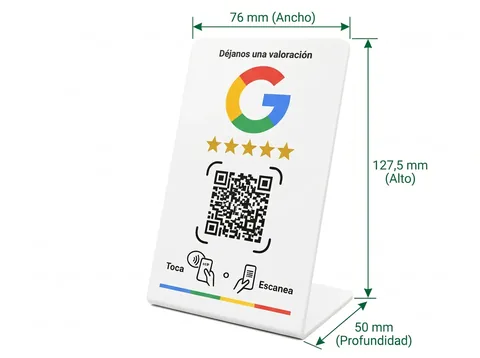 Medidas del soporte NFC blanco de reseñas de Google: 76 mm de ancho, 127,5 mm de alto y 50 mm de profundidad