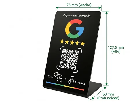 Medidas del soporte NFC negro de reseñas de Google: 76 mm de ancho, 127,5 mm de alto y 50 mm de profundidad