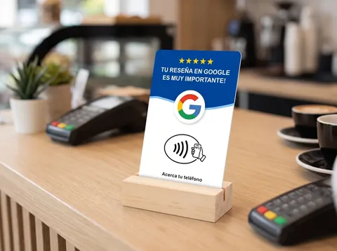 Tarjeta NFC azul de reseñas de Google de pie en el soporte de madera, sobre el mostrador de una cafetería junto al datáfono
