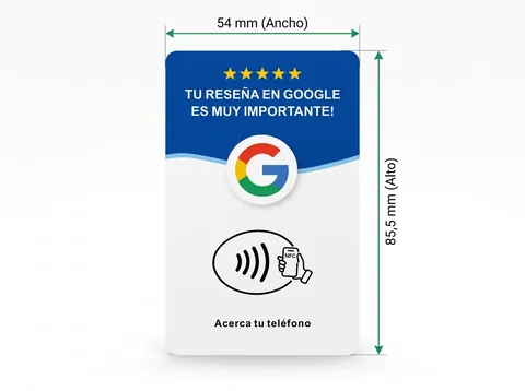 Medidas de la tarjeta NFC azul de reseñas de Google: 54 mm de ancho y 85,5 mm de alto, el tamaño de una tarjeta de crédito
